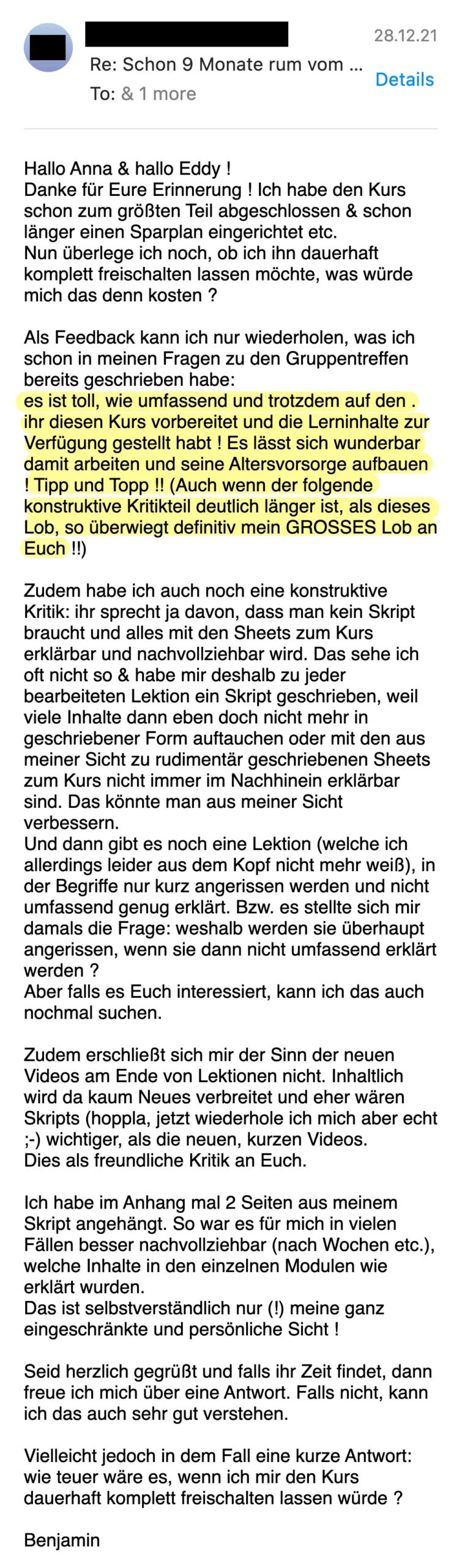 Erfahrungsbericht vom 28.12.2021